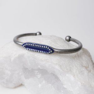 Jewel Kade Boho Navy Blue Studded Minimalist Antiqued Silver Tone Cuff Bracelet
